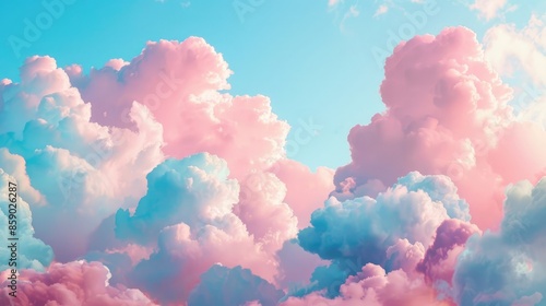 Fluffy baby pink and blue pastel cotton candy clouds in the sky, clouds, sky, pastel, cotton candy, background, fluffy, baby pink, blue, dreamy, soft, peaceful, serene, ethereal, whimsical © Ahtesham