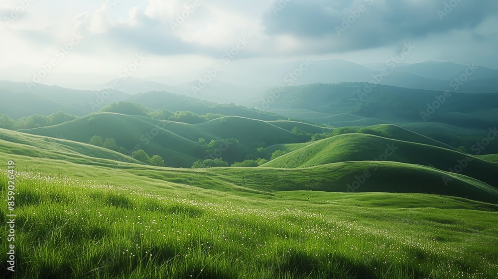 Obraz premium Rolling green hills under a cloudy sky.