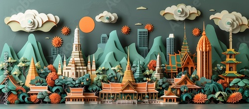 This paper craft illustration of Bangkok captures the city's dynamic energy, featuring detailed depictions of its historic temples, vibrant street markets, and modern skyscrapers. Illustration,