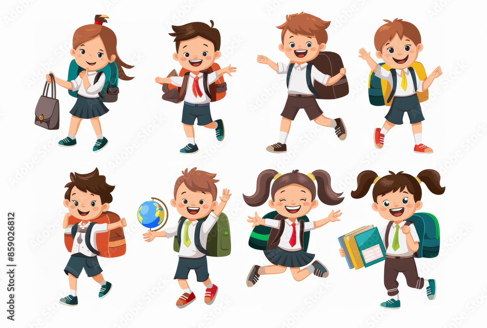 Joyful Cartoon School Children Jumping with Backpacks and School Supplies Joyful Cartoon School Children Jumping with Backpacks and School Supplies