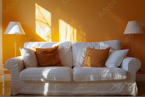 A white couch in front of an orange wall.