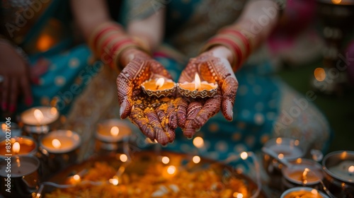 Hands with intricate henna designs holding lit diyas during a traditional Indian festival, surrounded by candles photo