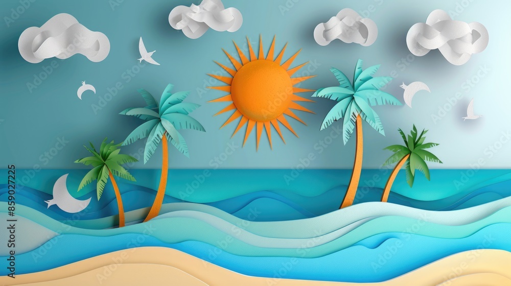 3d paper art of sun and palm trees, ocean waves and clouds 3d paper art of sun and palm trees, ocean waves and clouds