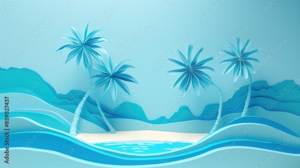 abstract background with blue color paper cut design of island landscape with beach and palm trees abstract background with blue color paper cut design of island landscape with beach and palm trees