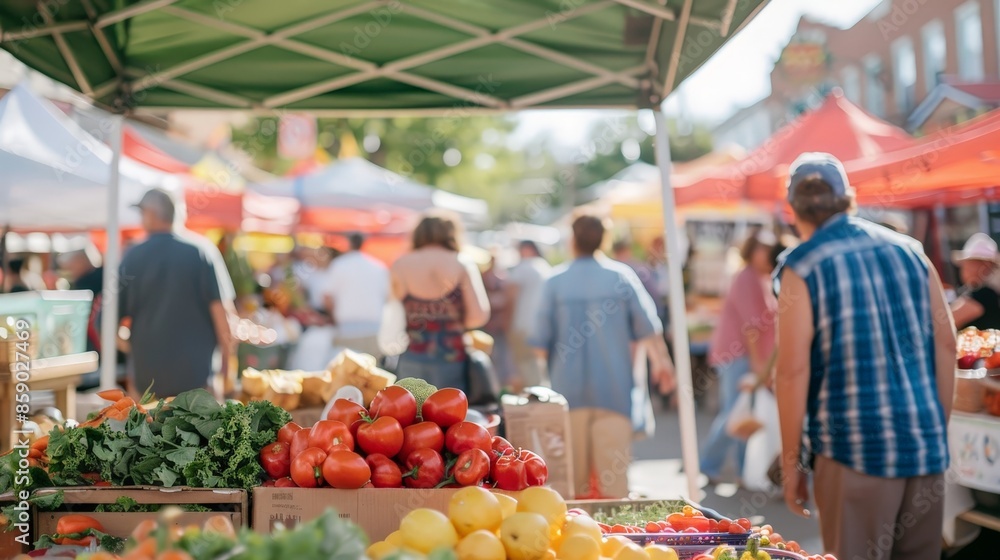 Obraz premium Visualize a bustling farmers' market filled with fresh produce, handmade goods, and the cheerful chatter of vendors and shoppers, creating a vibrant community hub.