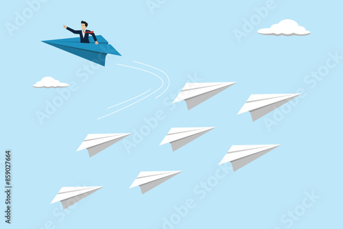 Change career path, leadership or individual freedom to choose own way to success, businessman flying origami airplane change direction.