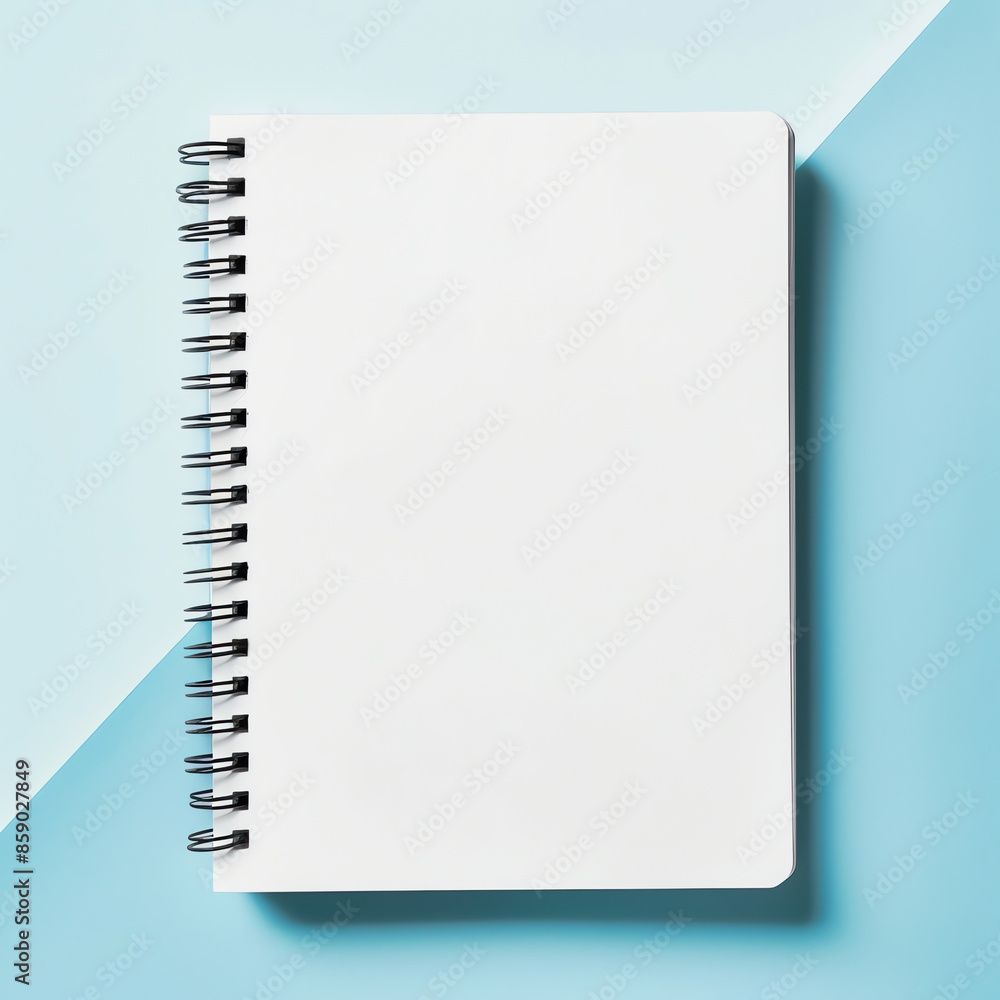White Hardcover Spiral Notebook on Light Blue Background White Hardcover Spiral Notebook on Light Blue Background