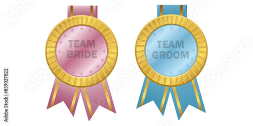 Team Bride and Team Groom Gold Ribbon Badges with Pink and Blue Accents. Team bride illustration. Team groom illustration. Badges isolated on white background.