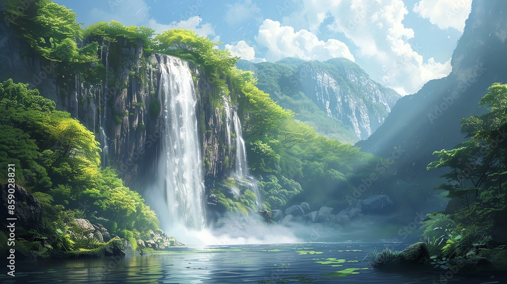 Tranquil waterfall cascading into a serene lake surrounded by lush greenery in a misty mountain valley. Tranquil waterfall cascading into a serene lake surrounded by lush greenery in a misty mountain valley.