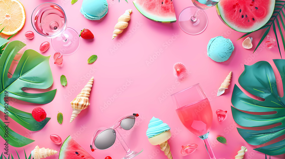 Summer poster background,sunglasses ,watermelon,ice cream on colorful background. Summer poster background,sunglasses ,watermelon,ice cream on colorful background.
