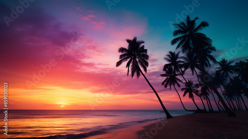 sunset beach with palm tree