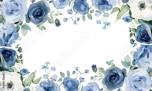 Fototapeta Naklejka Na Ścianę i Meble -  watercolor frame blue roses and green leaves on white background, Generative AI
