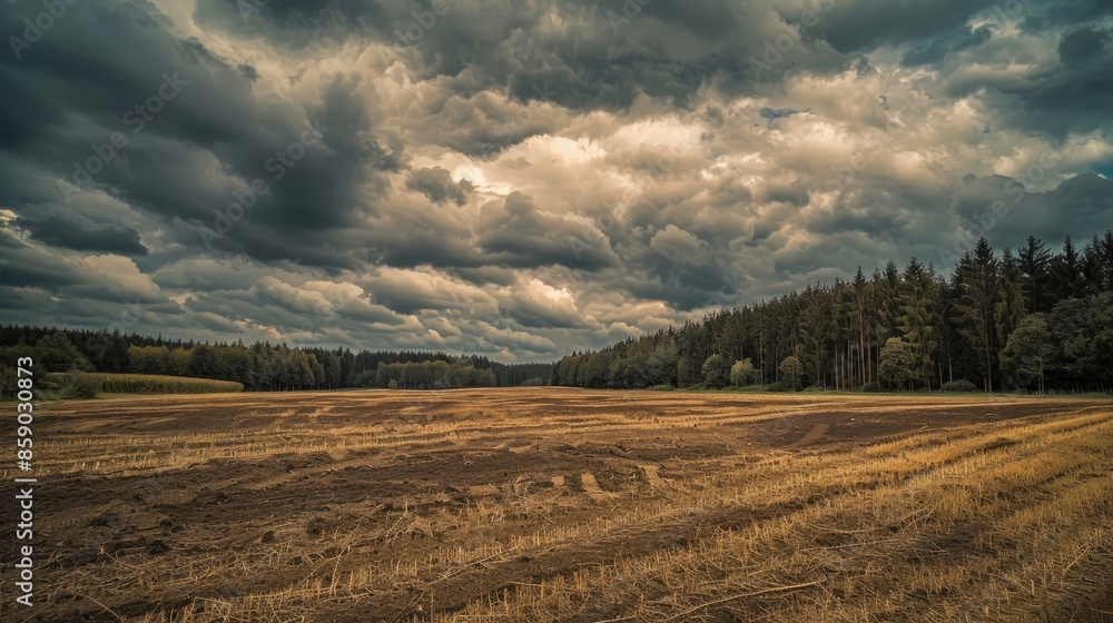 Cloudy sky over deserted field with forest in background Cloudy sky over deserted field with forest in background