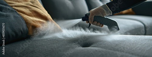 Close-up of cleaning the sofa in the office using a sofa cloth and spraying with disinfectant photo
