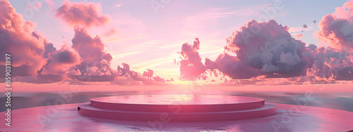 A round pink platform floating in the sky, suitable for banner, design, cover, commercial, linkedin, youtube, social media, presentation