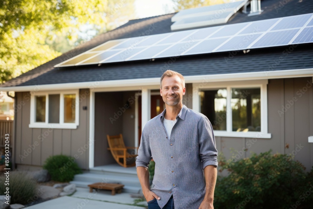 Fototapeta premium a man in front of his house with solar panels, green energy