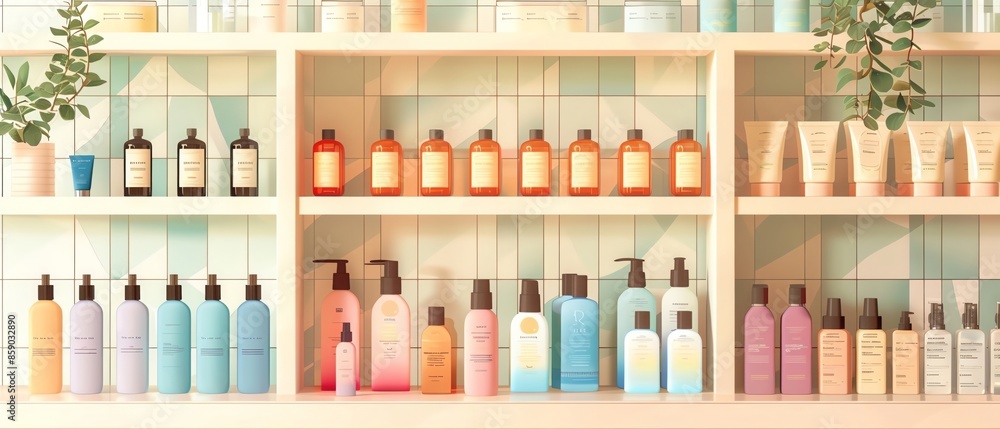Shelves in cosmetics stores Arrange bottles of shower cream, skin care cream. Facial cleansing foam tube arranged in an orderly manner