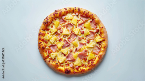 Top view of tropical hawaiian pizza with ham, pineapple and cheese on blue background, copy space