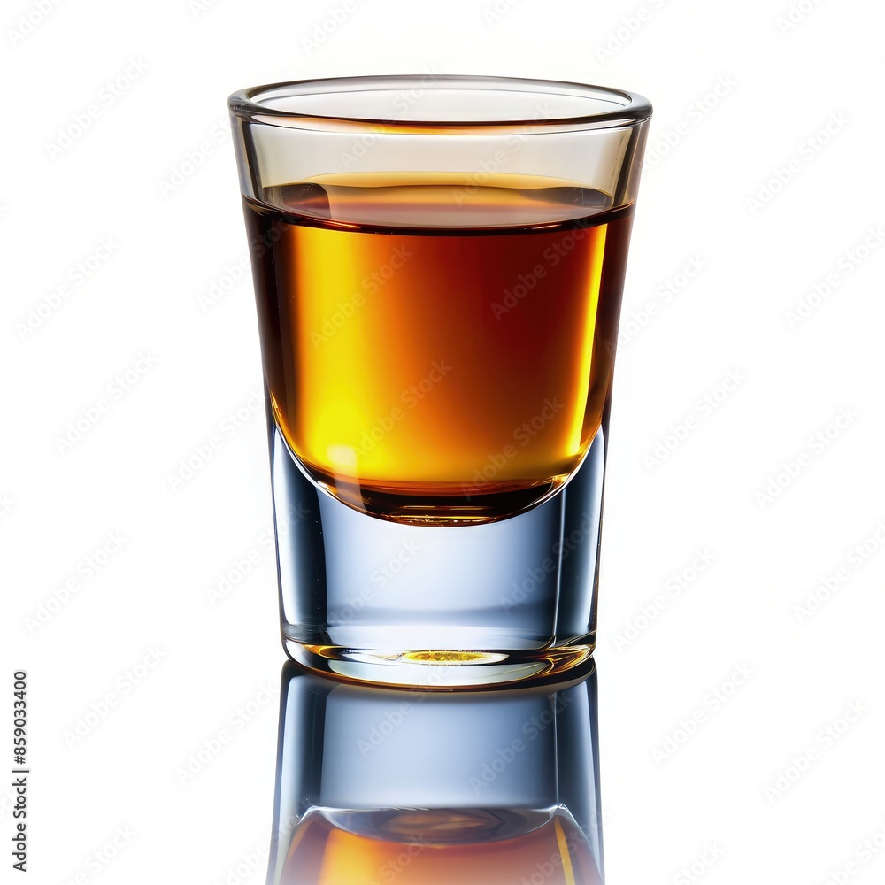 A Single Shot Glass of Amber Liquid Against a White Background. Generative AI A Single Shot Glass of Amber Liquid Against a White Background. Generative AI