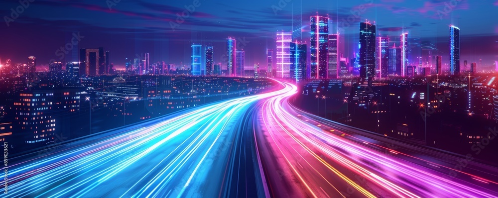 Vibrant light trails path in a neon futuristic city smart skyscrapers modern urban design banner with copy space Vibrant light trails path in a neon futuristic city smart skyscrapers modern urban design banner with copy space