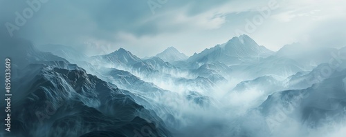 Misty mountain range with foggy atmosphere, panoramic view. Serene and mysterious nature concept