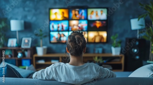 Streaming service with AI suggestions person watching movies TV shows personalized recommendations banner with copy space