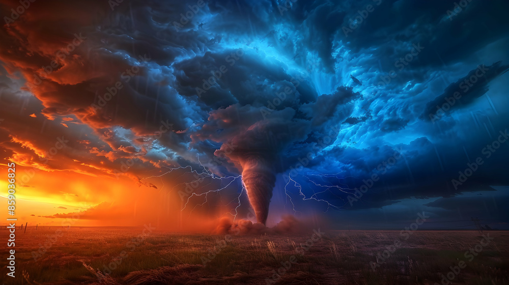 Powerful tornado funnel cloud in a wide-open plain, illuminated by ...