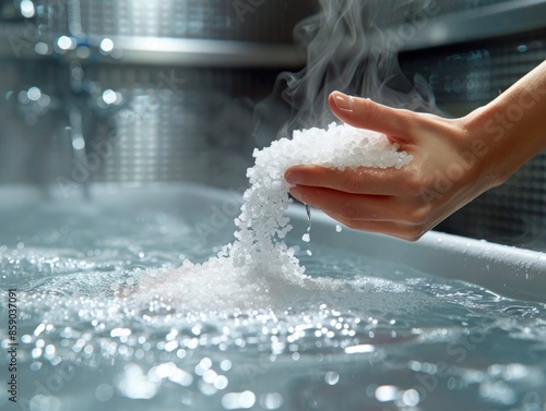Hand drops Epsom salt in bath, for relaxation