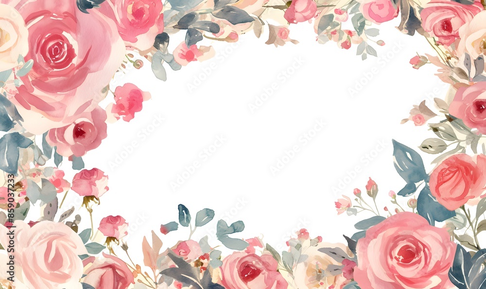 watercolor frame roses and leaves on white background, Generative AI watercolor frame roses and leaves on white background, Generative AI
