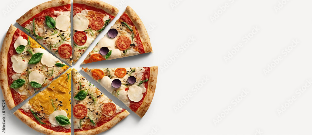 Seafood pizza cut into pieces, white background. Traditional Italian cuisine. AI generated. Seafood pizza cut into pieces, white background. Traditional Italian cuisine. AI generated.