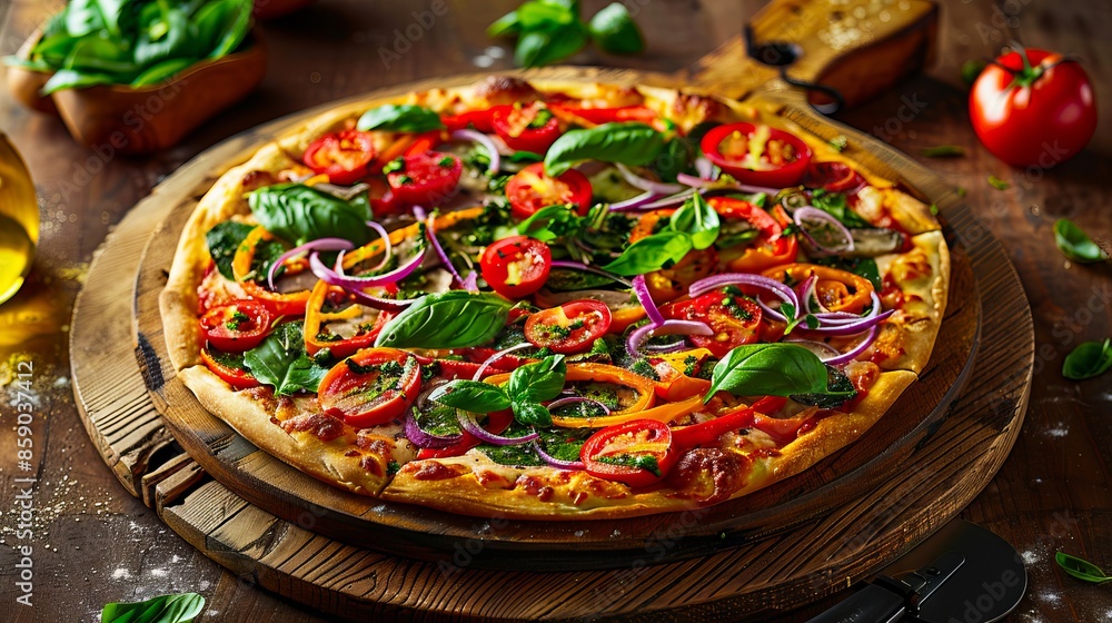 A pizza with vegetables and basil on a wooden table. A pizza with vegetables and basil on a wooden table.