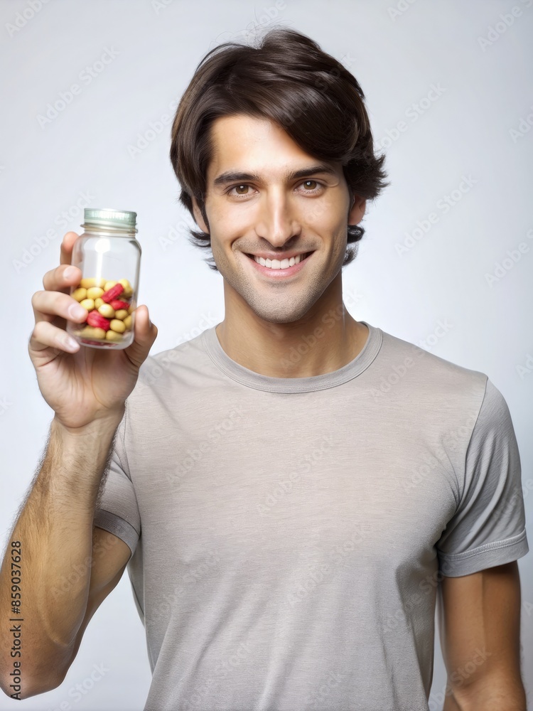 Young Man With Dark Hair Holding Pills In Glass Bottle Against White Background. Generative AI Young Man With Dark Hair Holding Pills In Glass Bottle Against White Background. Generative AI