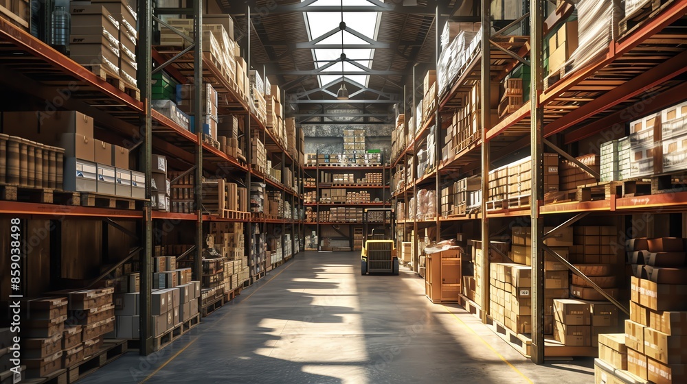 A yellow forklift drives down the aisle of a warehouse filled with boxes. A yellow forklift drives down the aisle of a warehouse filled with boxes.