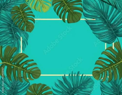 frame of manster leaves on emerald background with free space for text, vector illustration photo