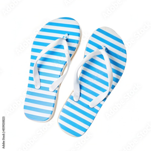 Blue and White Striped Flip Flops on a White Background. Generative AI