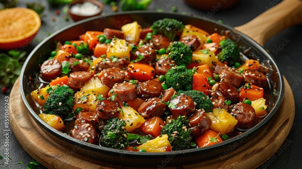 Close-up of tasty stir-fry with sausage, pineapple, broccoli & veggies Close-up of tasty stir-fry with sausage, pineapple, broccoli & veggies