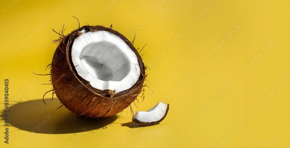 A coconut piece is presented on yellow background representing summer season A coconut piece is presented on yellow background representing summer season