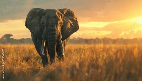 Elephant in Golden Grass at Sunset photo