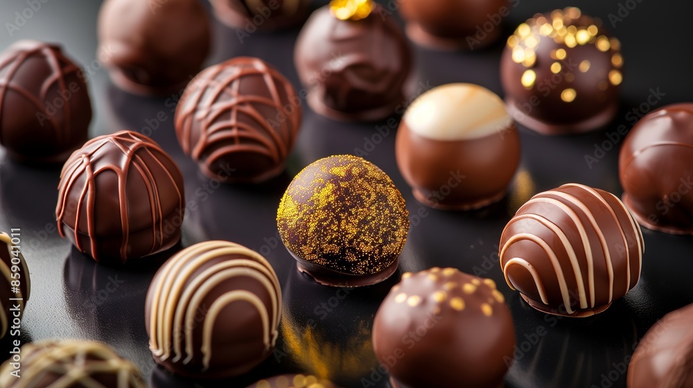 Luxurious Artisan Chocolate Truffles on Reflective Black Surface Luxurious Artisan Chocolate Truffles on Reflective Black Surface