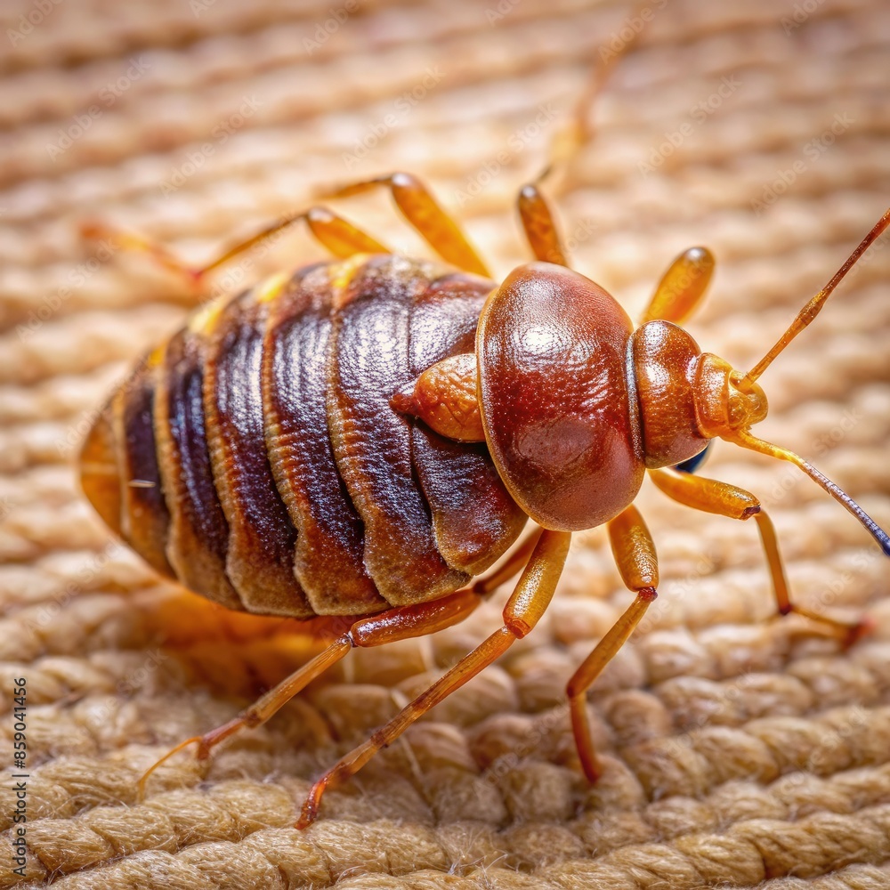 Close-Up of a Brown Bed Bug on a Tan Fabric Surface. Generative AI Close-Up of a Brown Bed Bug on a Tan Fabric Surface. Generative AI