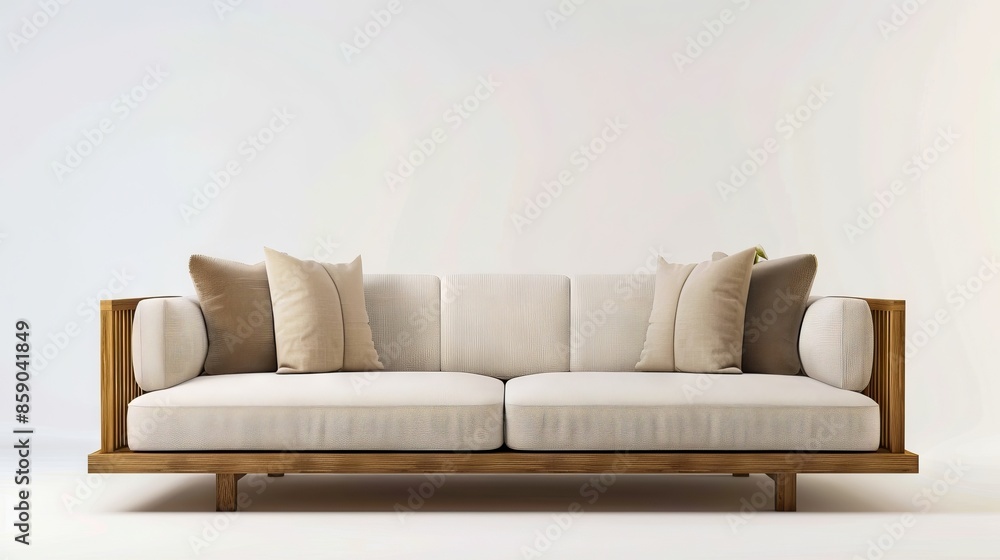 Fototapeta premium A white couch with wooden legs and cushions.