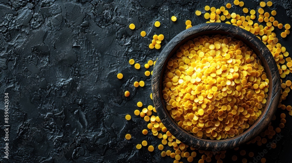 Obraz premium Closeup of golden lentils in a wooden bowl