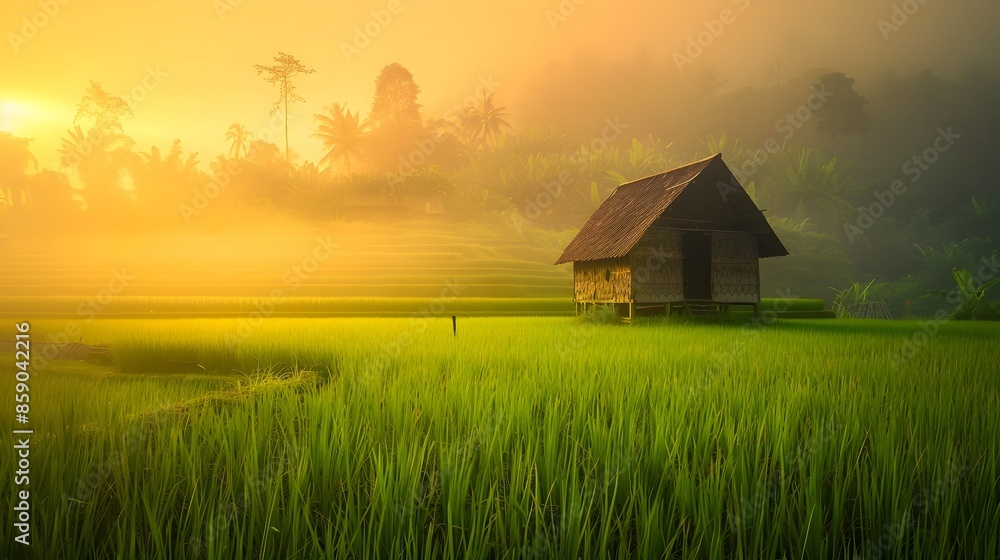 Peaceful Hut in Lush Rice Fields at Dawn with Misty Golden Light Peaceful Hut in Lush Rice Fields at Dawn with Misty Golden Light