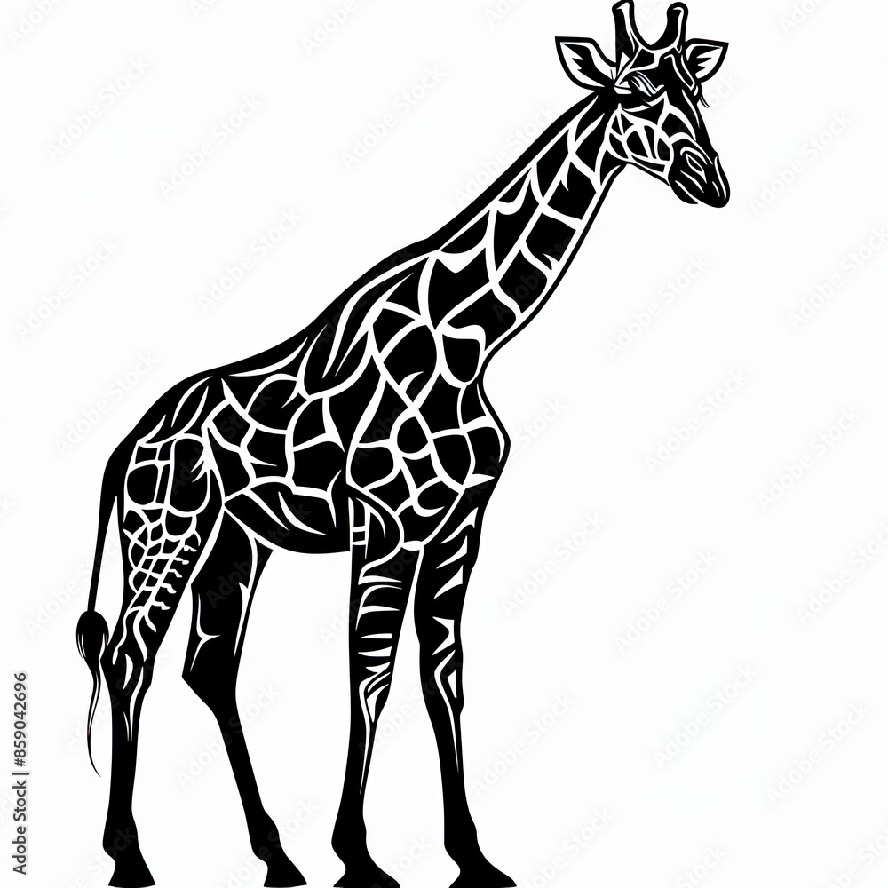 Obraz premium A black and white drawing of a giraffe on a white background