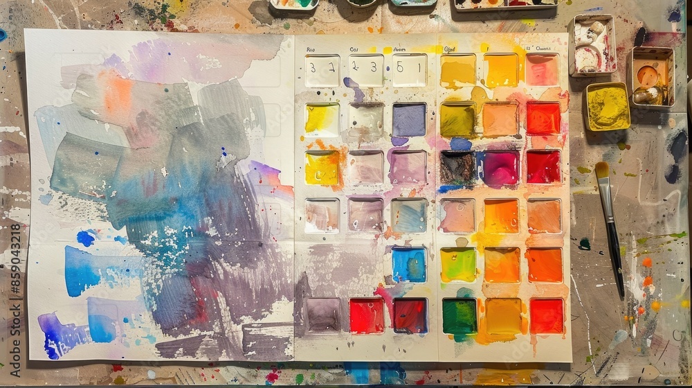 Palette with watercolor samples and paint numbers on paper Palette with watercolor samples and paint numbers on paper