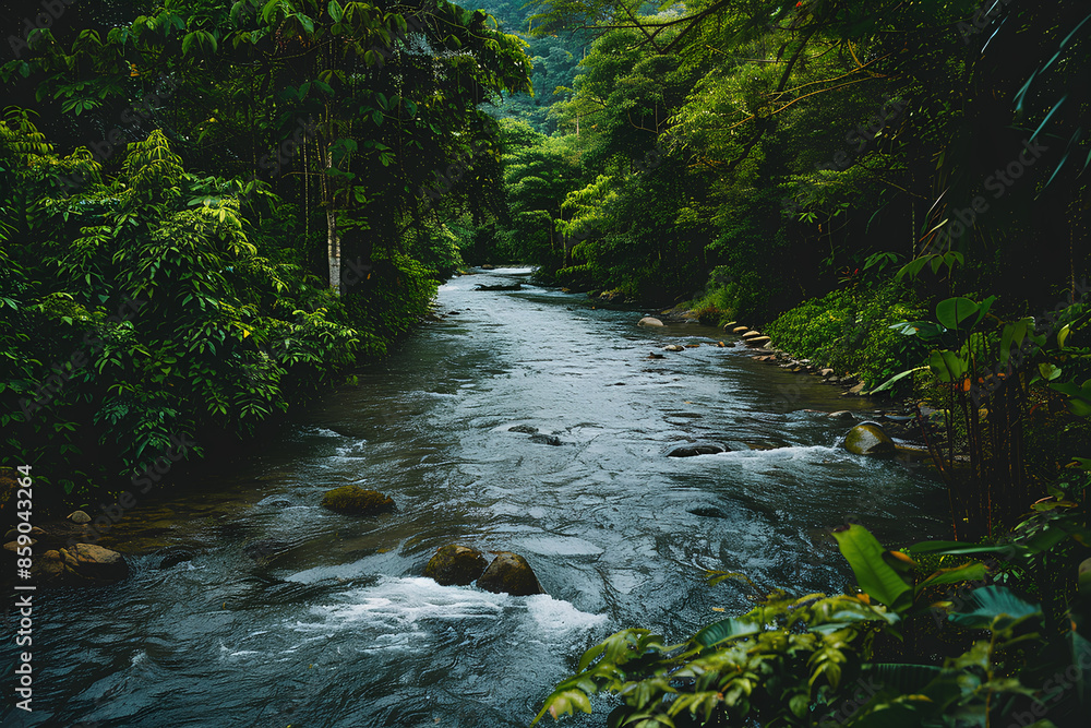 Fototapeta premium Lush Green Forest with Flowing River