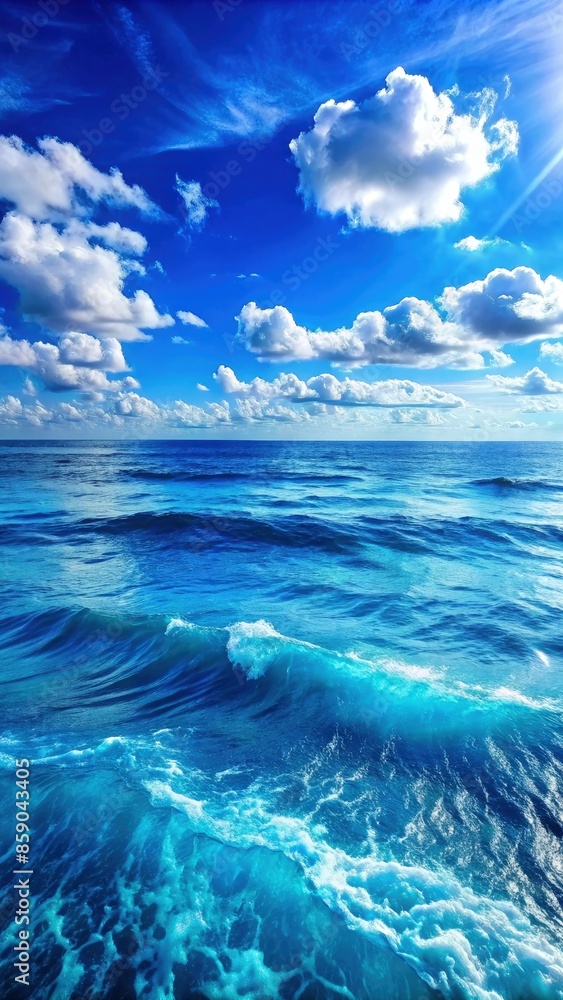 Azure Ocean Waves Under a Bright Blue Sky With Puffy Clouds. Generative AI