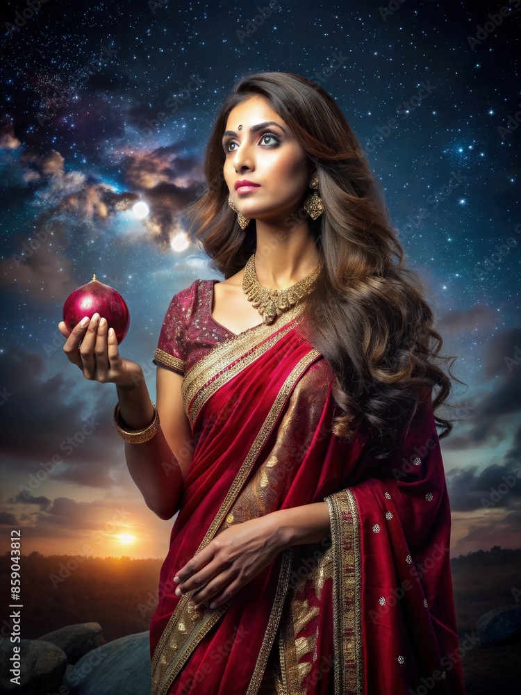 Woman in Red Sari Under Night Sky. Generative AI Woman in Red Sari Under Night Sky. Generative AI