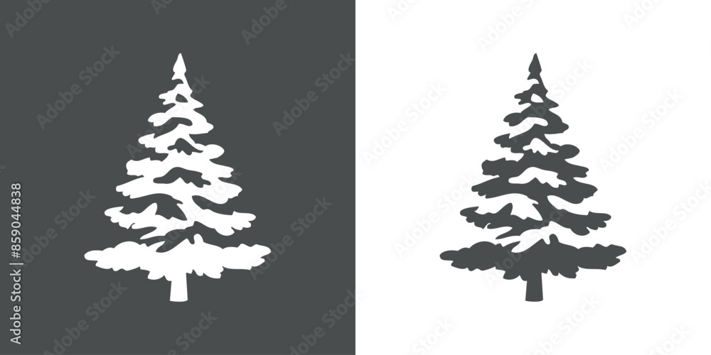 Obraz premium Logo árbol de navidad nevado. Silueta de árbol tipo pino o abeto nevado en espacio negativo