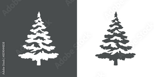Logo árbol de navidad nevado. Silueta de árbol tipo pino o abeto nevado en espacio negativo